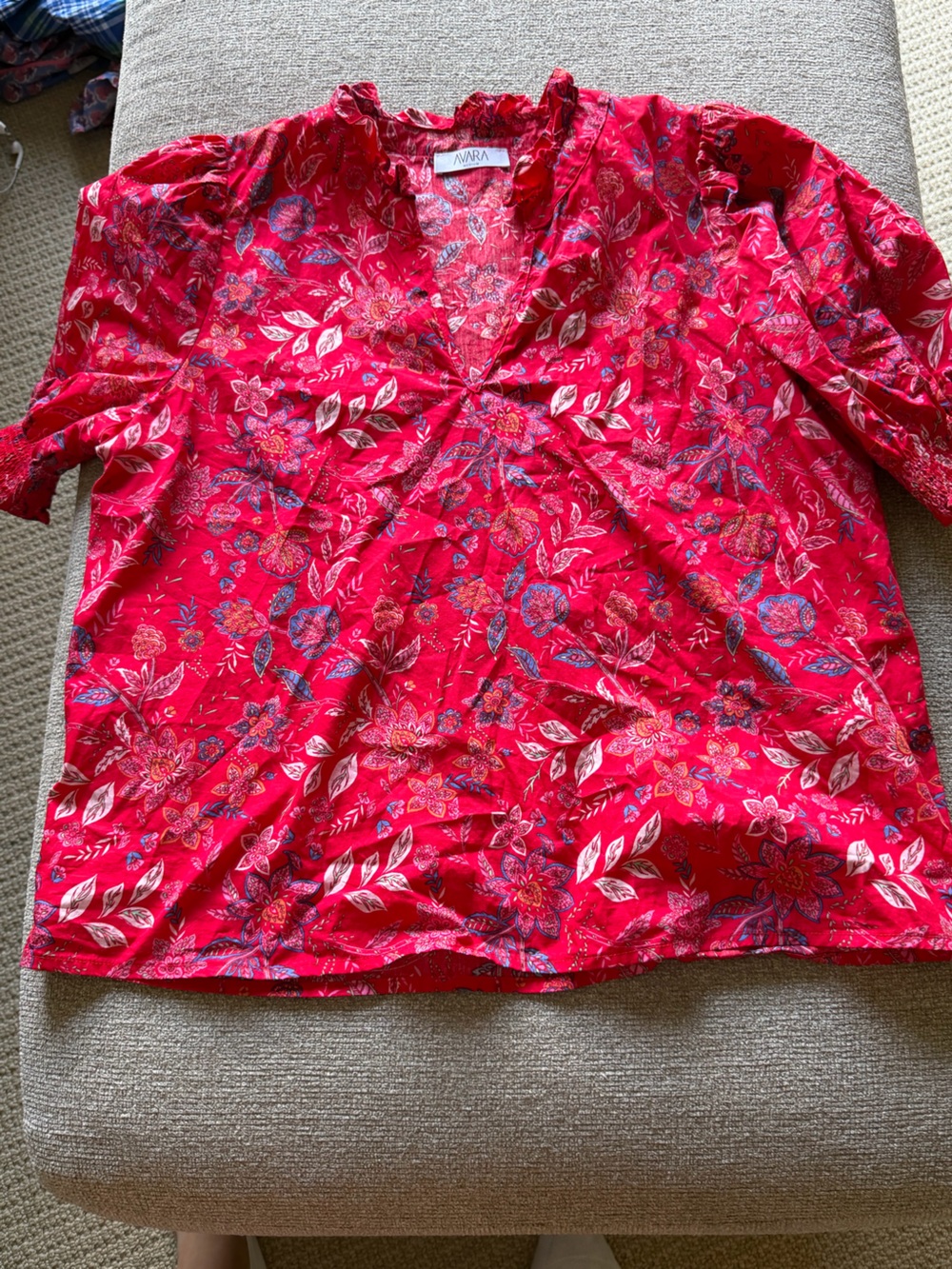 AVARA Red Floral V-Neck Blouse